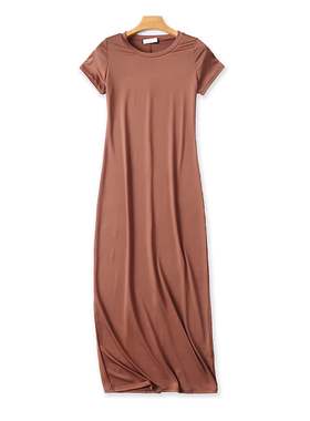 外贸短袖长裙 夏季新款修身纯色圆领连衣裙 女弹力时尚裙子 06063