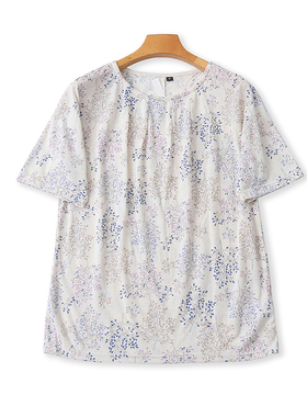 外贸棉麻圆领印花短袖T恤衫夏季新款时尚女套头显瘦打底上衣07513