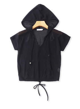 短袖连帽镂空帽衫 夏季新款收腰显瘦T恤衫 女士宽松休闲上衣19514