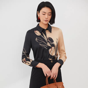 外贸缎面翻领印花衬衫 春秋新款时尚女长袖衬衣宽松休闲上衣10232