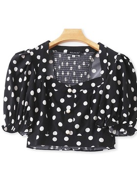 方领圆点小衫 夏季新款套头短袖T恤 青春时尚外单女衬衫上衣14353