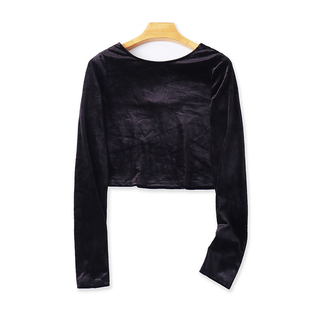 外贸圆领露背金丝绒T恤衫 春夏季新款长袖短款女打底衫上衣 11033