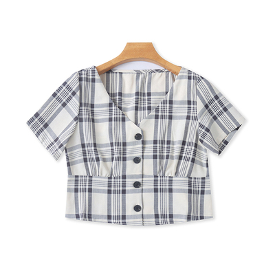 V领格子短袖衬衫夏季新款