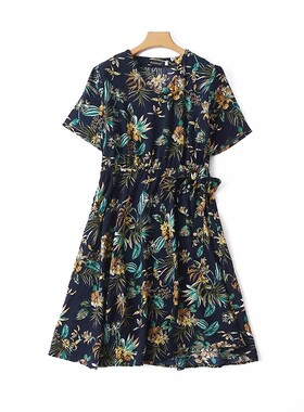 V领碎花短袖连衣裙 夏季新款系带中长款女气质套头收腰裙子 08533