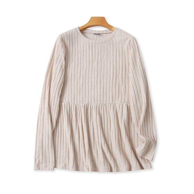 外贸圆领针织条纹衫春秋新款A字版宽松长袖时尚女打底衫上衣05094