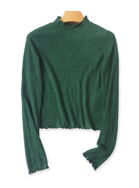 立领木耳边长袖T恤衫春秋新款时尚弹力打底体恤衫女套头上衣18312