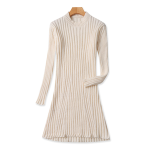 立领修身连衣裙 秋冬新款弹力收腰A字显瘦女中长款毛衣裙子 14074