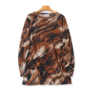 体恤显瘦大版 圆领印花亮晶丝T恤衫 春秋新款 长袖 19404 女打底上衣