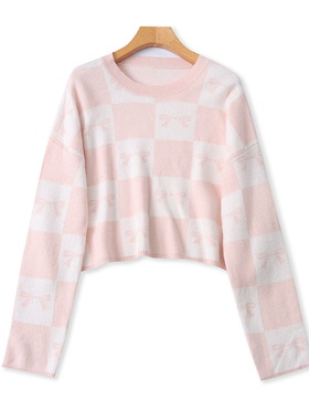 外贸圆领钩花针织衫 春秋款显瘦长袖毛衣女宽松休闲套头上衣18424