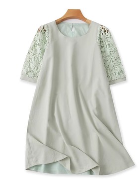 圆领蕾丝钩花连衣裙夏季新款A字裙短袖显瘦中长款外单女裙子02042