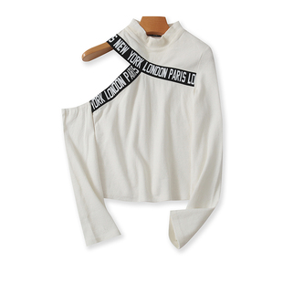 立领镶边针织T恤衫春秋新款露肩体恤衫修身短款女士外单上衣09012