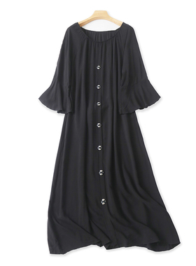 圆领长款人棉连衣裙 夏季新款系带显瘦A字裙 女宽松百搭裙子09332