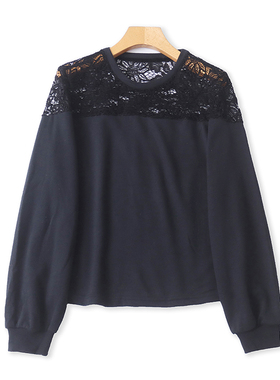 外贸圆领毛圈蕾丝拼接卫衣 春秋新款钩花镂空时尚女T恤上衣 03124