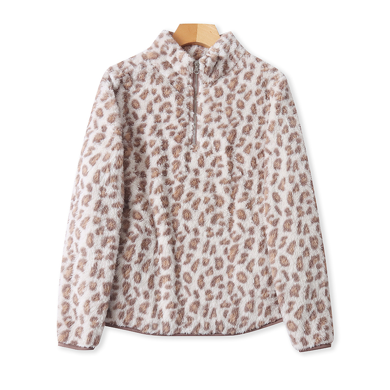 外贸半开领豹纹绒衫宽松休闲卫衣
