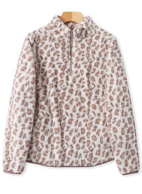 外贸半开领豹纹绒衫 秋冬新款时尚套头外套 女宽松休闲卫衣 01034