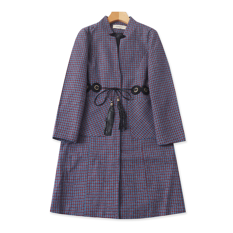 小立领格子中长款大衣 春秋季纽扣开衫宽松休闲风衣 女外套01/4底