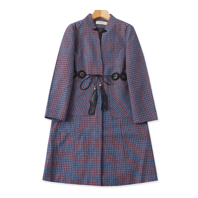 小立领格子中长款大衣 春秋季纽扣开衫宽松休闲风衣 女外套01/4底