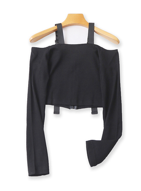 吊带露肩T恤衫夏季新款长袖短款体恤修身打底衫外贸百搭上衣14102