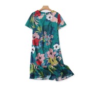 短袖 新款 A字裙中长款 女显瘦裙子U 圆领碎花荷叶边连衣裙 夏季