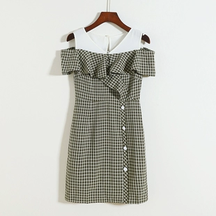 新款 中长款 修身 夏季 套头女裙子 气质V领格子露肩连衣裙