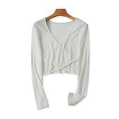 修身 V领棉T恤衫 交叉上衣07393 短款 体恤百搭女打底衫 春秋新款 长袖