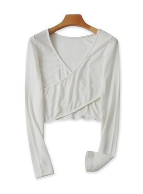 V领棉T恤衫 春秋新款长袖短款体恤百搭女打底衫修身交叉上衣07393