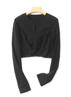 外贸高腰圆领长袖T恤衫 春秋新款针织打底衫 女露脐弹力上衣18292