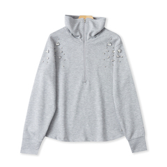 手工订珠镶钻半开衫卫衣 外贸春秋新款宽松休闲女装高领外套09122