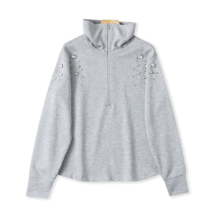 宽松休闲女装 外贸春秋新款 高领外套09122 卫衣 手工订珠镶钻半开衫