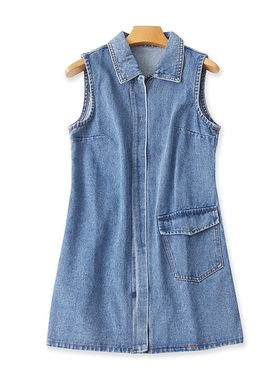 外贸翻领牛仔无袖连衣裙春秋新款时尚中长款马甲 女拉拉裙子07582