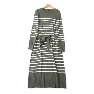 气质圆领长袖针织连衣裙 春秋新款修身弹力女毛衣条纹长裙子05102