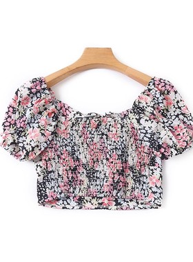 一字肩碎花泡泡袖短款露脐小衫 夏季新款系带衬衫法式女上衣18293