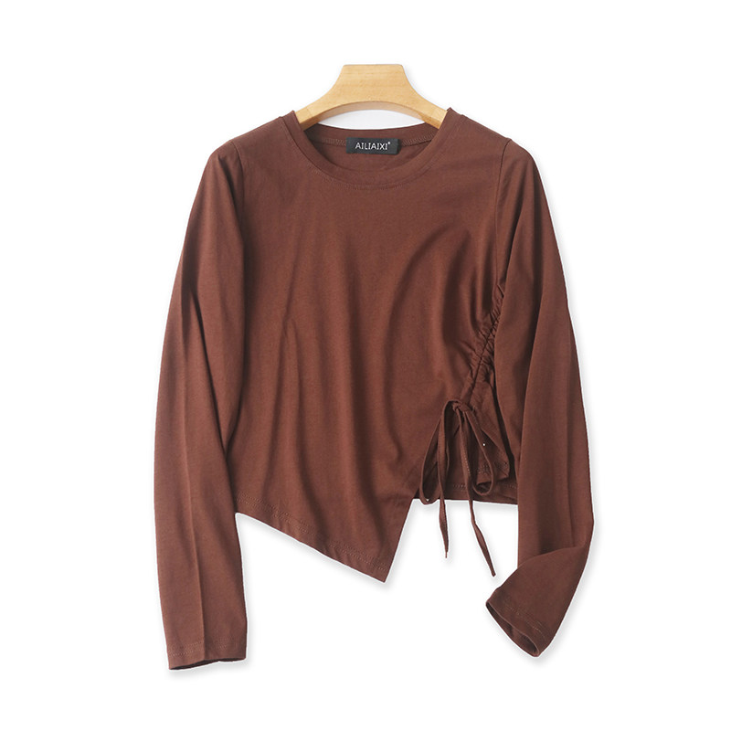 圆领系带收褶T恤衫 春夏季新款开叉休闲百搭打底衫长袖上衣 21363,女装/女士精品,T恤,淘宝优惠券,粉丝福利购,淘宝优惠卷