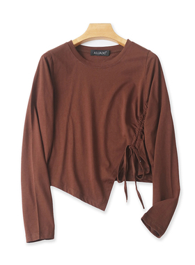 圆领系带收褶T恤衫 春夏季新款开叉休闲百搭打底衫长袖上衣 21363