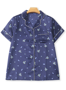 缎面印花翻领家居服 夏季款短袖衬衫时尚纽扣开衫睡衣女上衣22354