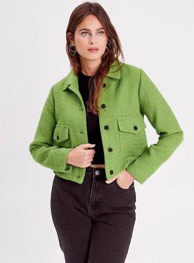 翻领短款纽扣外套 春秋新款长袖百搭开衫 女装时尚休闲上衣 21012