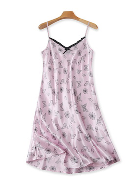 仿真丝印花吊带裙 夏季新款百搭时尚连衣裙女外贸宽松睡裙子14382