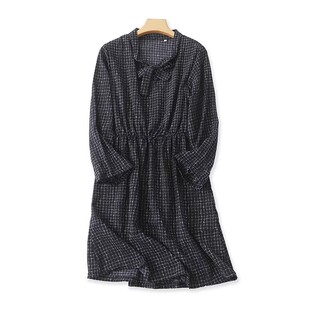 外贸立领系带格子连衣裙 夏季中长款收腰长袖女时尚套头裙子08564