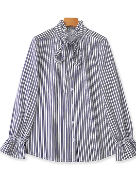 外贸褶皱花边立领条纹衬衫 春秋新款时尚长袖衬衣女系带上衣22482