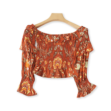 外单一字肩碎花小衫 春秋新款喇叭袖衬衫修身短款打底女上衣12333