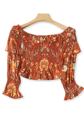 外单一字肩碎花小衫 春秋新款喇叭袖衬衫修身短款打底女上衣12333