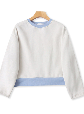 外贸圆领加绒拼色卫衣 春秋新款长袖时尚女套头显瘦短款上衣08153