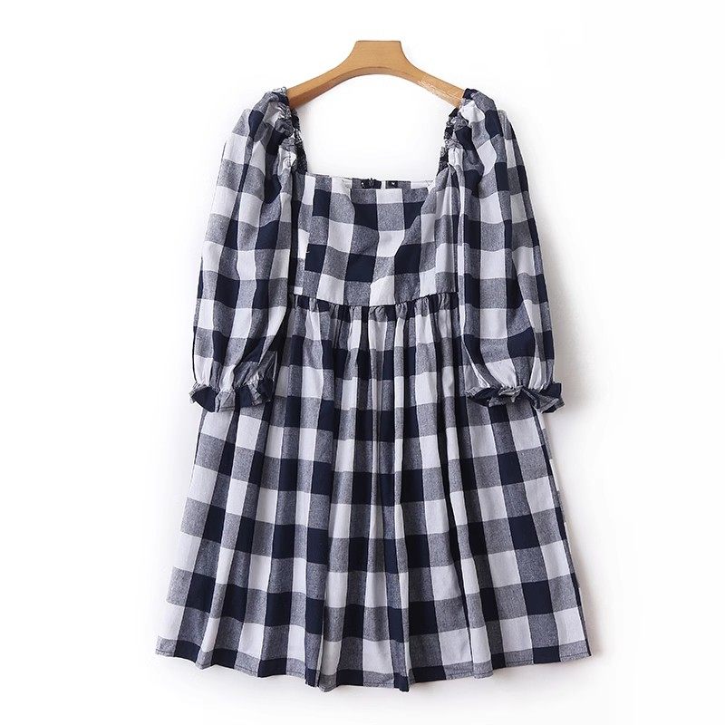 方领格子法式连衣裙 春秋新款泡泡袖收腰中长款A字女装裙子 J/8-3,女装/女士精品,连衣裙,淘宝优惠券,粉丝福利购,淘宝优惠卷