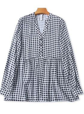 外贸V领格子衫 春秋新款长袖百搭显瘦女中长款衬衫 套头上衣20042