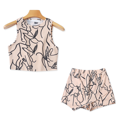 圆领印花无袖背心上衣+松紧腰休闲裙裤夏新款时尚女两件套装13013