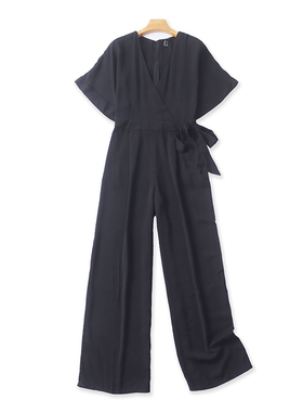 气质外贸V领连体衣夏季新款女直筒阔腿裤宽松休闲短袖蝙蝠衫05191