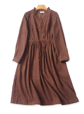 木耳边灯芯绒长袖连衣裙 秋冬新款系带女纽扣半开衫长款裙子23503