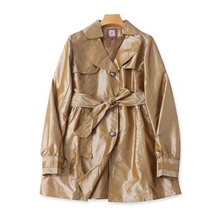 亮面时尚 外贸长袖 系带纽扣开衫 春夏新款 外套女上衣16184 翻领风衣