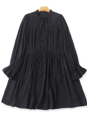 外贸立领暗花纹连衣裙 春秋新款时尚女装长袖显瘦中长款裙子18512