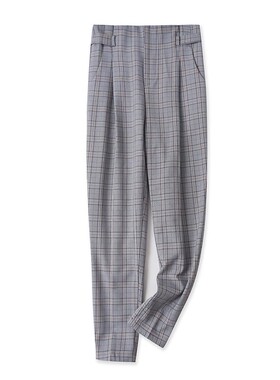 一体绒格子休闲裤 秋冬新款收褶哈伦裤 外贸显瘦女装长裤子U/11-4